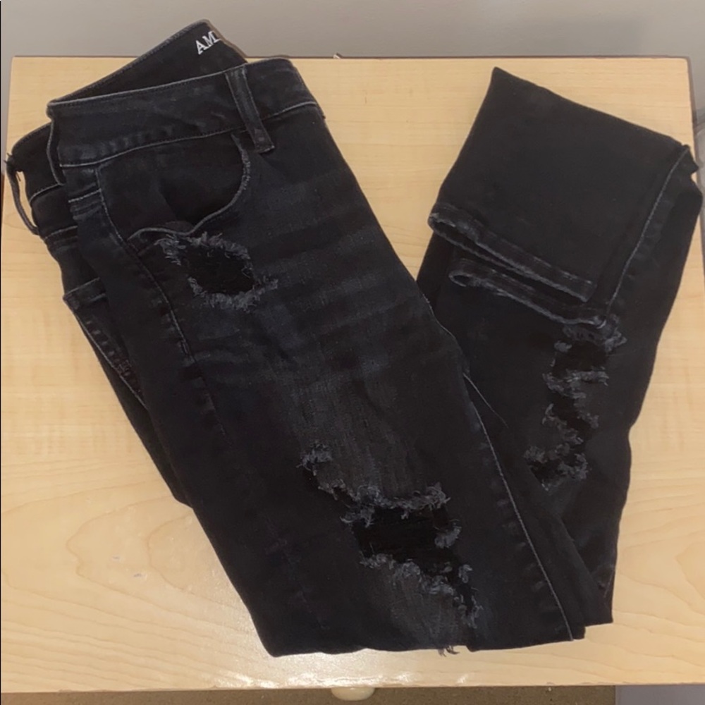 Hi Rise Super Super Stretch Black Jeans with Holes